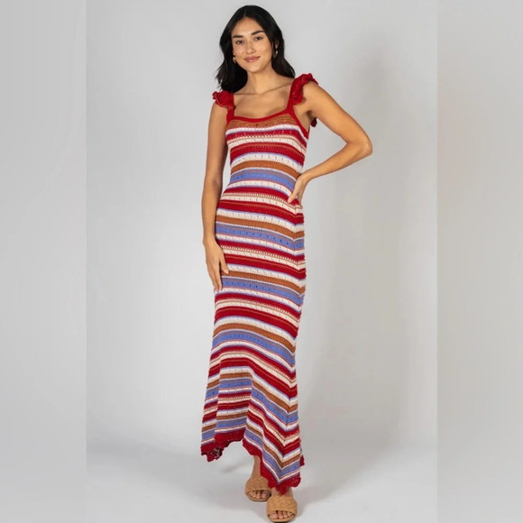Lucca Fallon Crocheted striped Midi Dress With Ruffle Sleeves 33725 - Picture 2 of 13